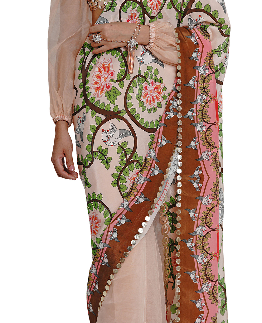 Embroidered Half & Half Printed Sari