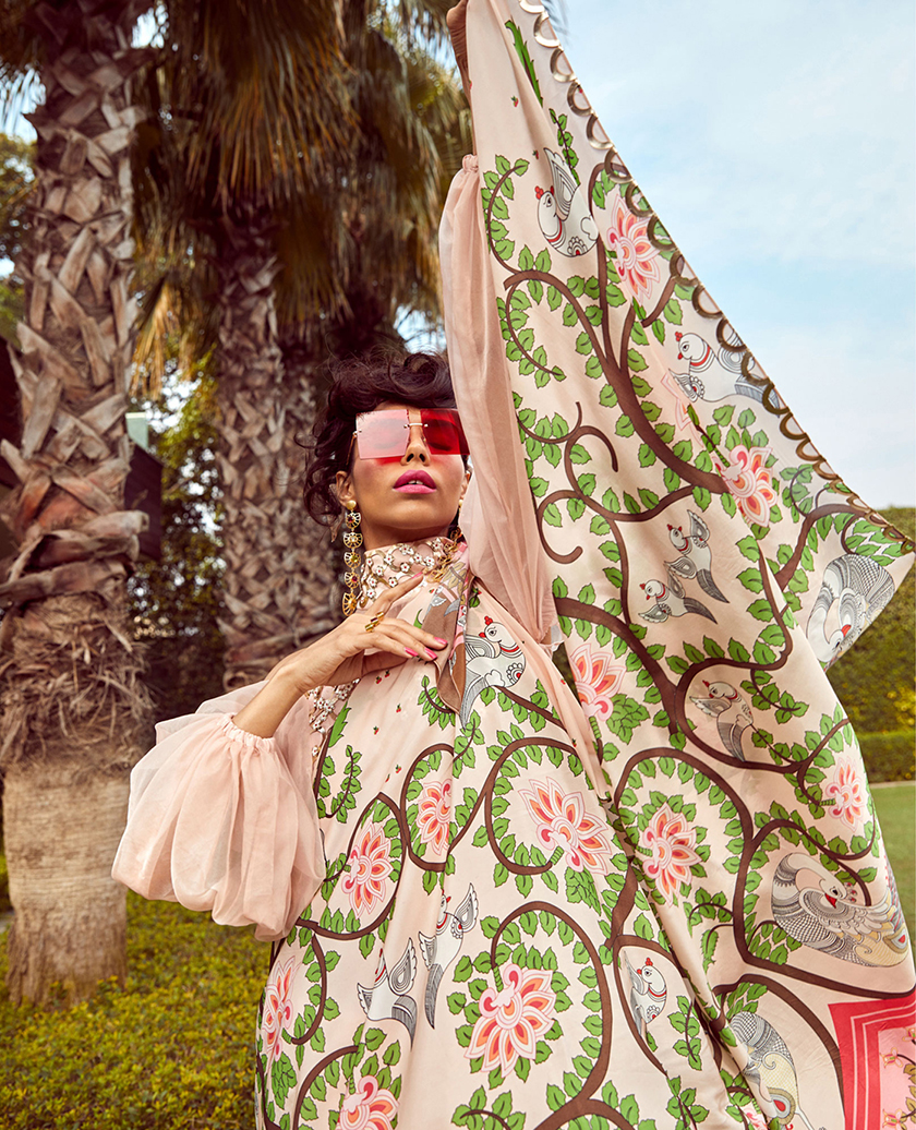 Embroidered Half & Half Printed Sari