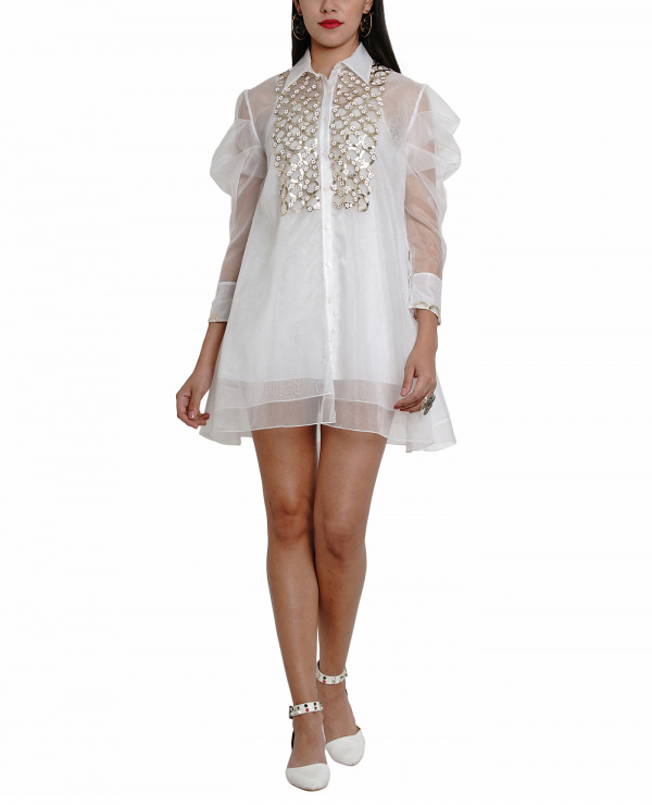 Embroidered Sheer layered Shirt-Dress