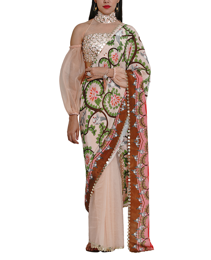 Embroidered Half & Half Printed Sari