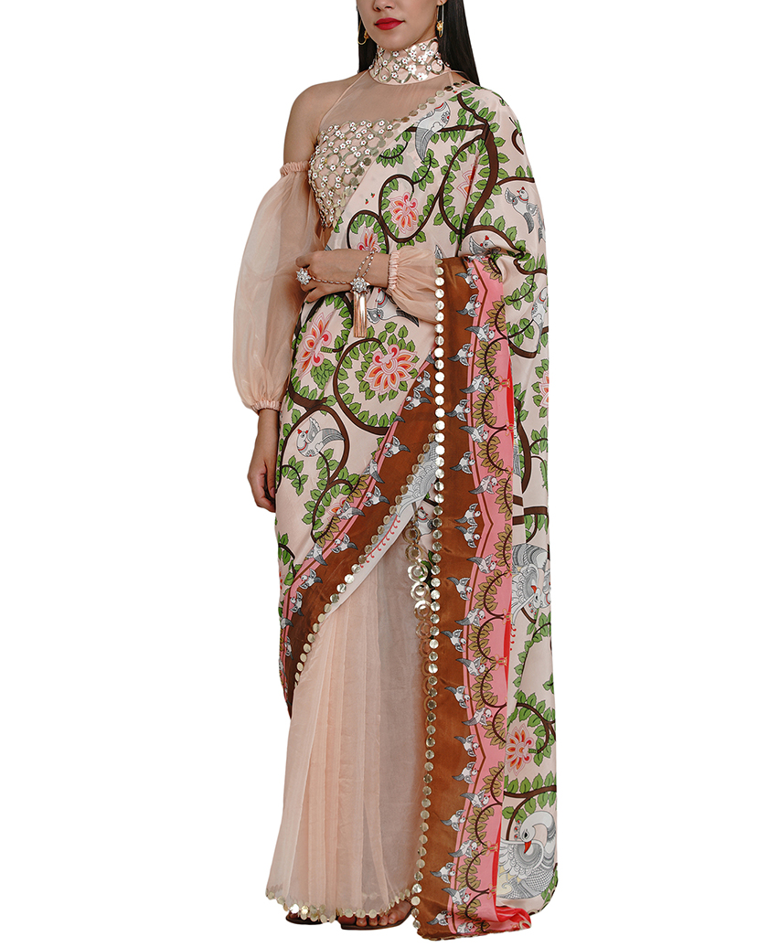 Printed Embroidered Cut-work Organza Sari