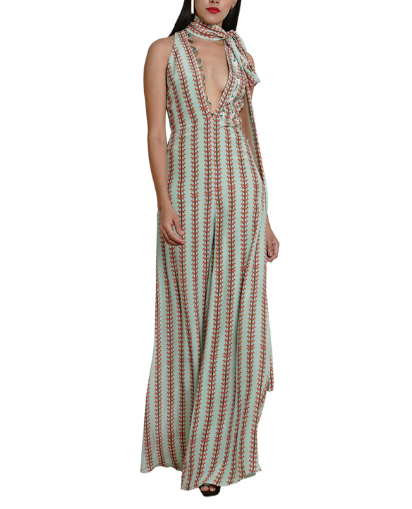 Printed Embroidered Knot-Collar Jumpsuit