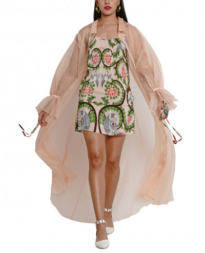 Embroidered Printed Slip dress with Sheer Jacket