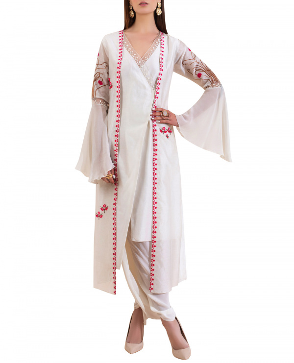 Embroidered Asymmetric Kurta Attached with Long Jacket Paired with Dhoti Pants
