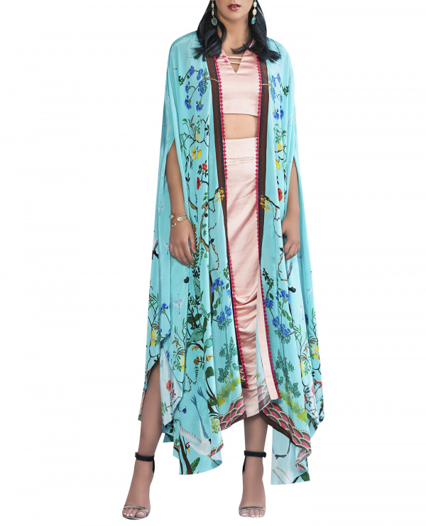 Printed Cape with Embroidered Top and Draped Skirt