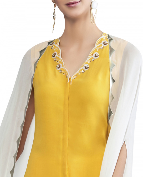 Cut-work Embroidered Tunic with Attached Cape & Sharara Pants
