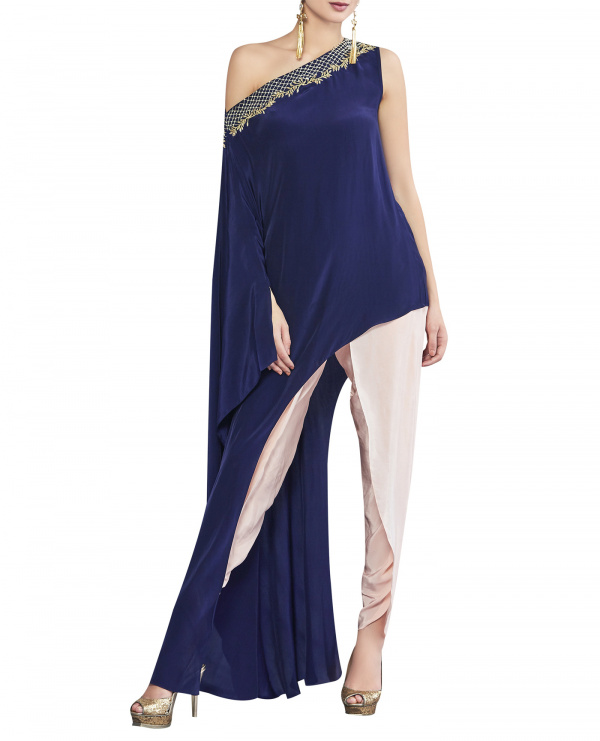 Asymmetrical Embroidered Cape Dhoti set