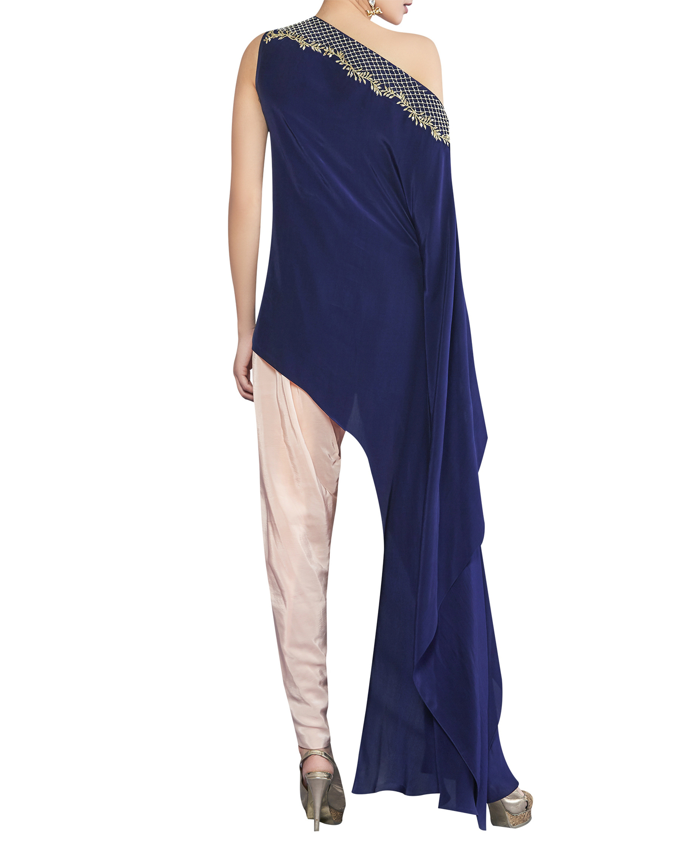 Asymmetrical Embroidered Cape Dhoti set