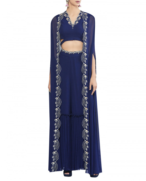Pleated Sharara with Top & Embroidered Cape