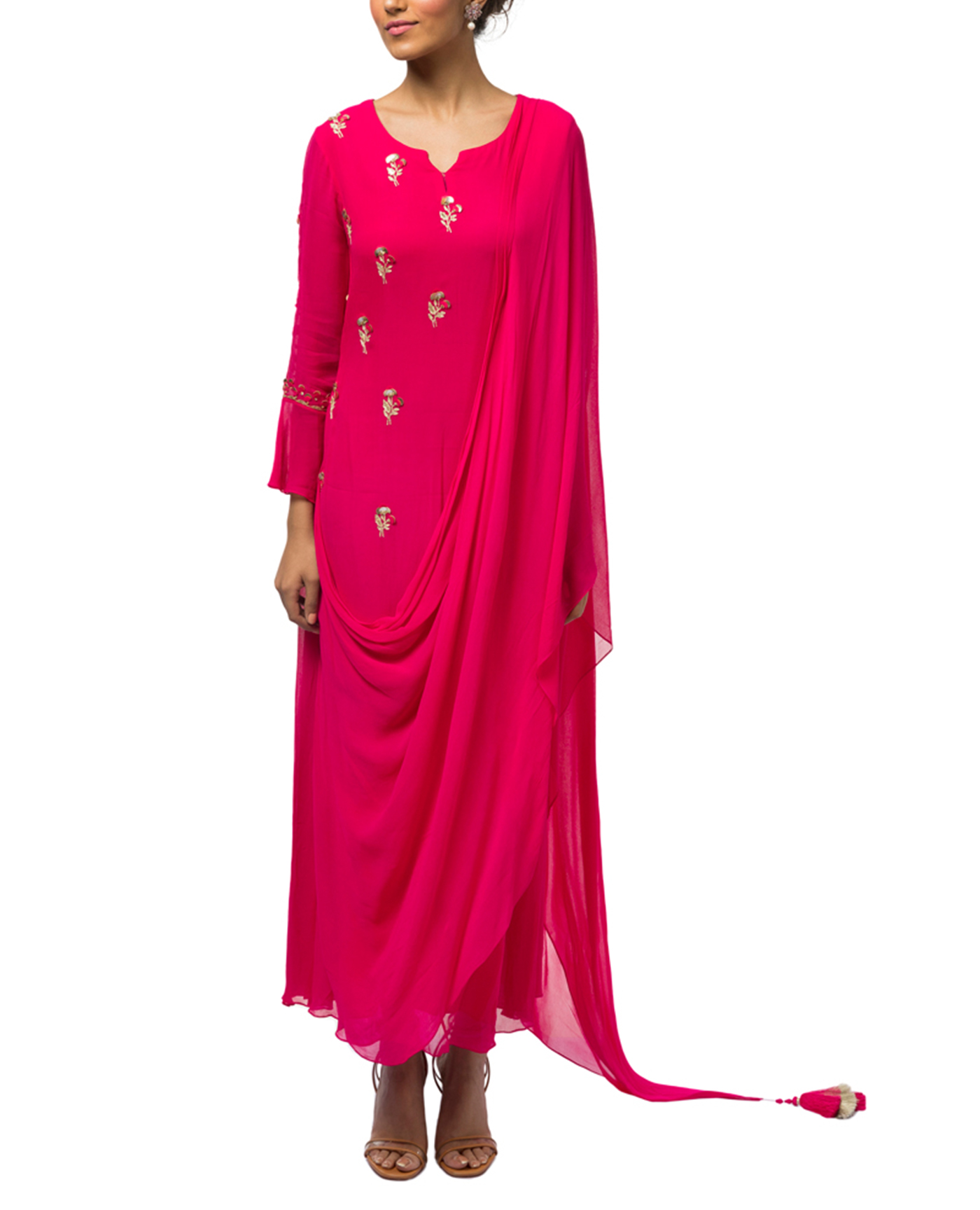Embroidered Draped Kurta with Churidar