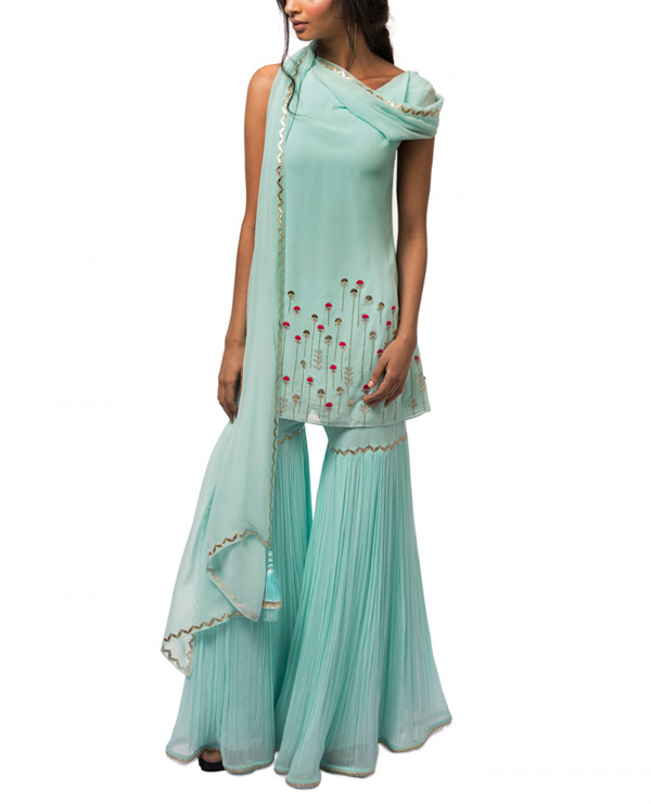 Embroidered Kurta with Attached Drape & Gharara Pants