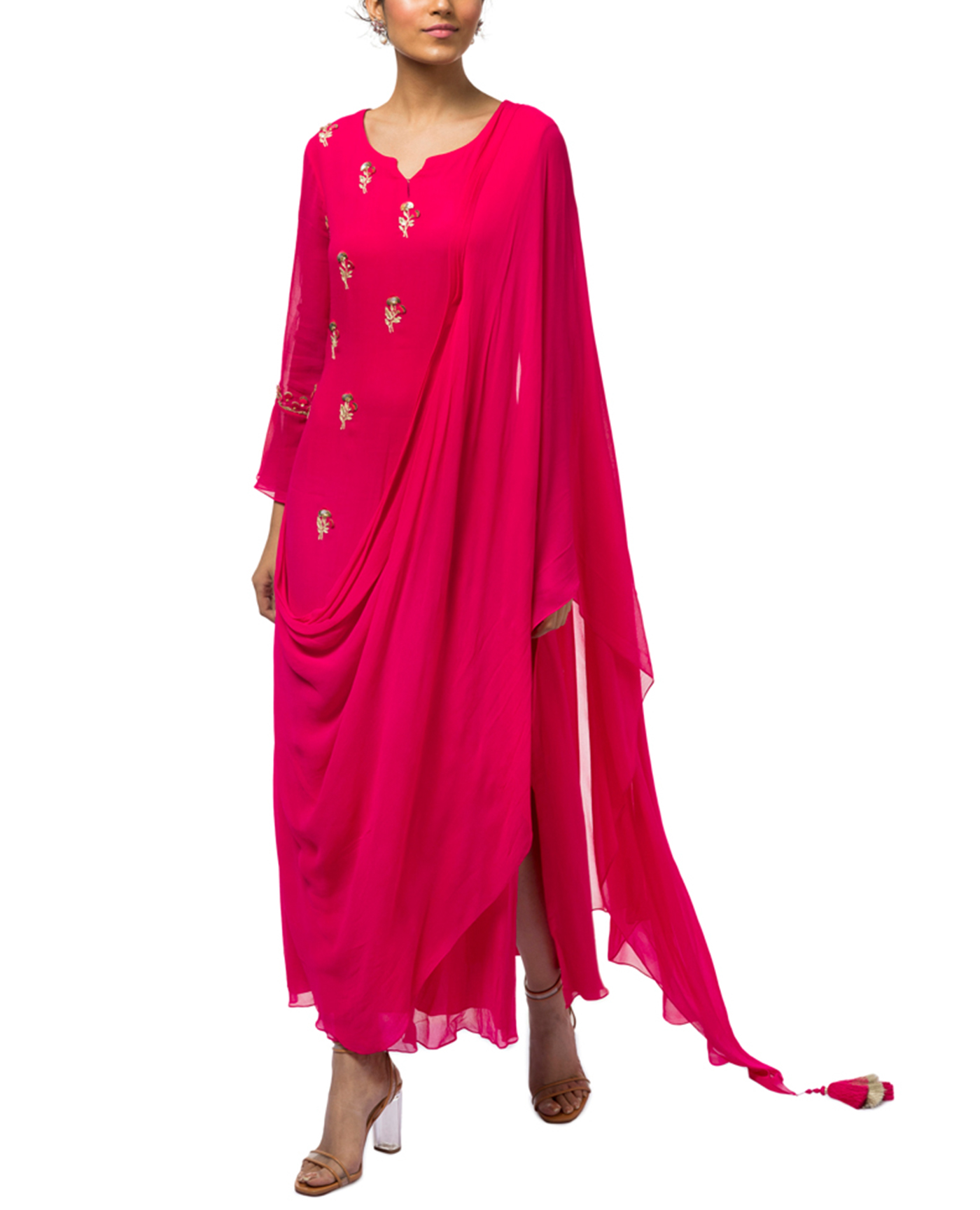 Embroidered Draped Kurta with Churidar