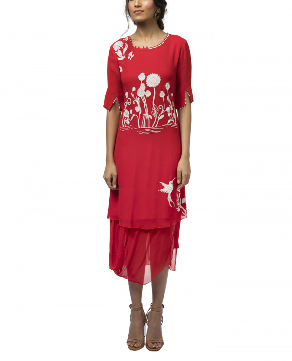 Embroidered Dress with a Cowl Hem