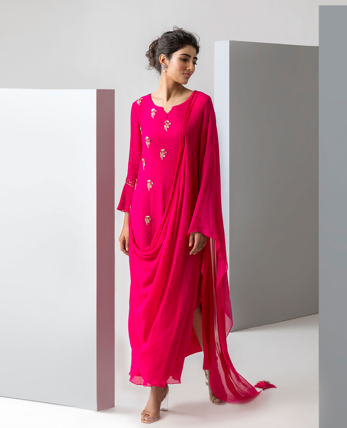 Embroidered Draped Kurta with Churidar