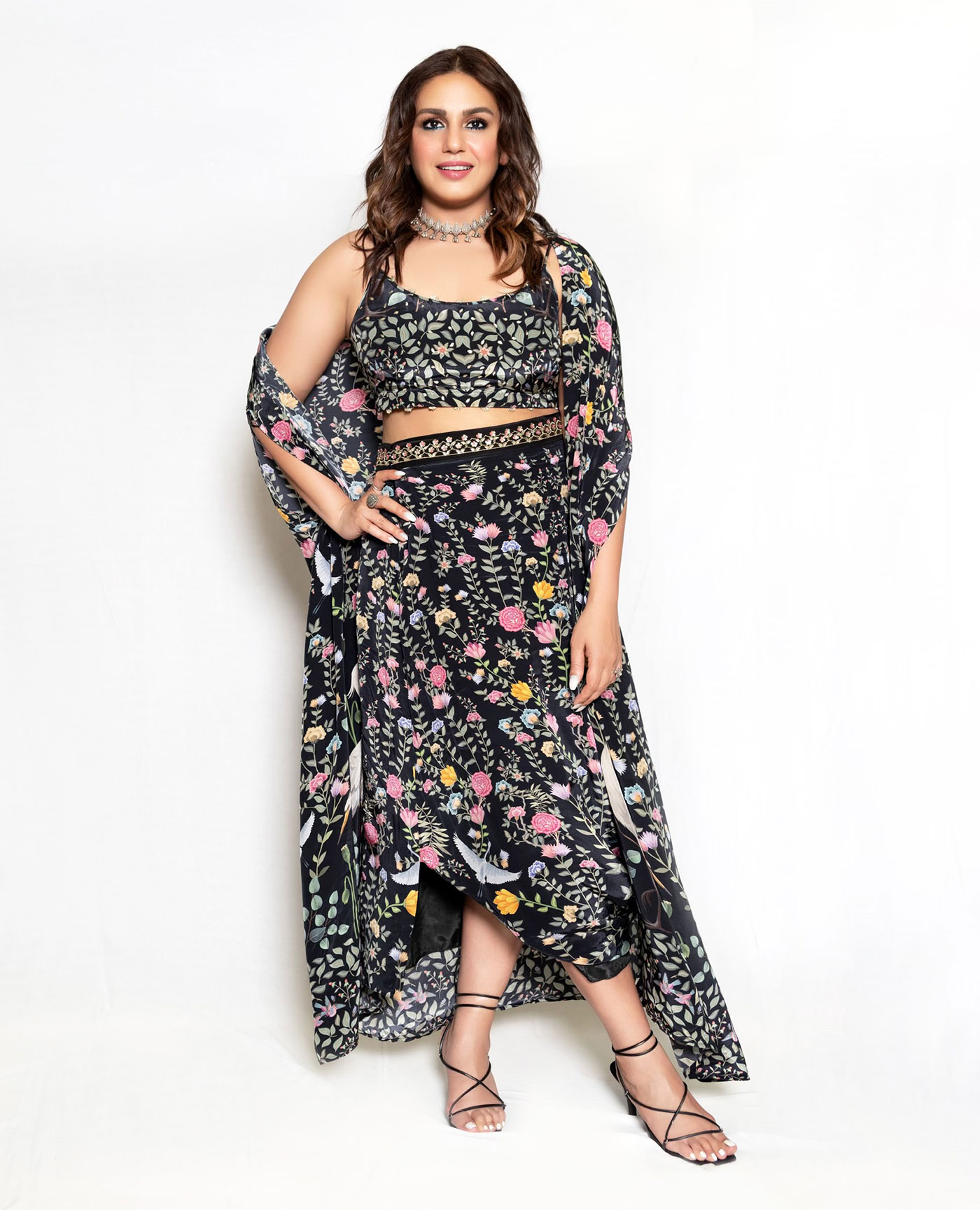 Embroidered Crop Top with Cape & Draped Skirt