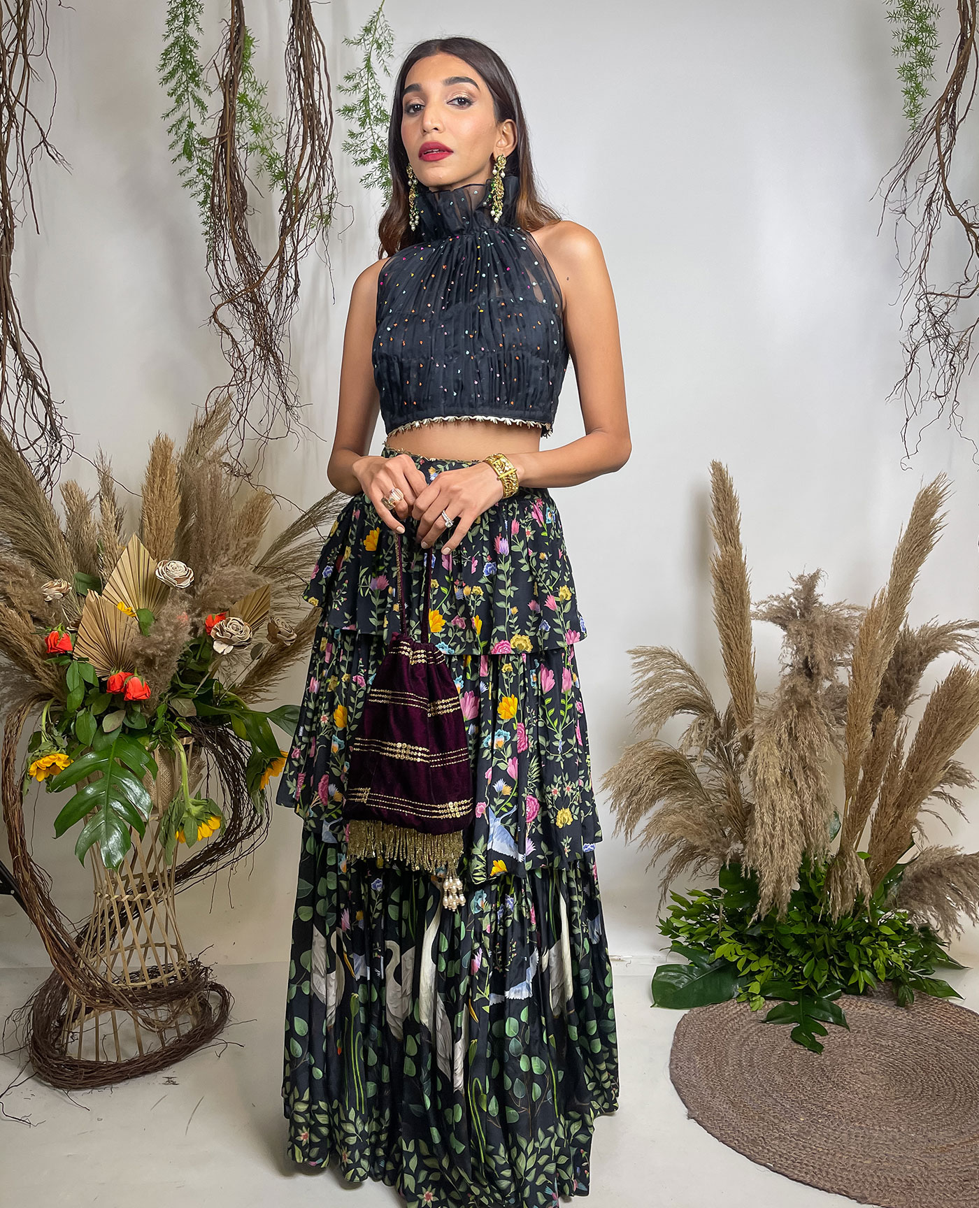 Embellished  Croptop with Tiered Skirt